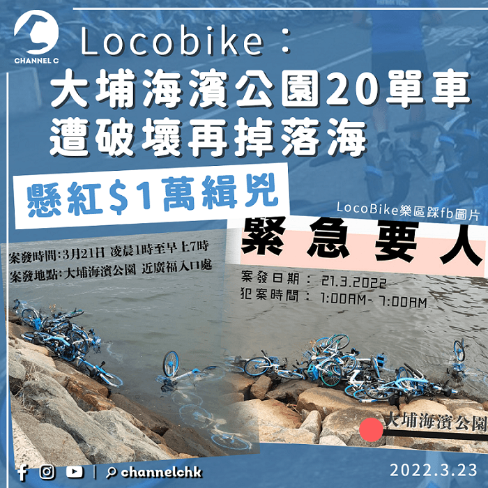 Locobike指大埔海濱公園20共享單車遭破壞再掉落海 懸紅$1萬緝兇