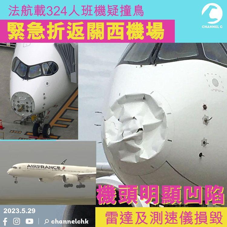 法航載324人班機疑撞鳥 緊急折返關西機場 機頭明顯凹陷 雷達及測速儀損毀