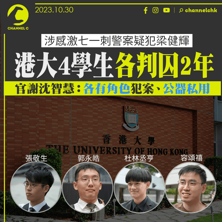 涉通過感激梁健輝議案　港大4學生判囚2年　官謝沈智慧：各有角色犯案、公器私用