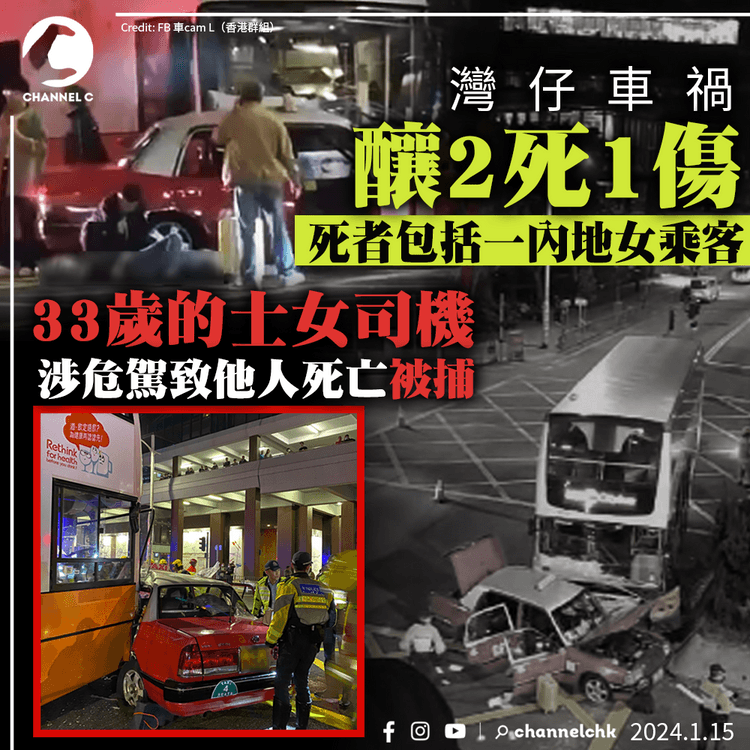 灣仔車禍釀2死1傷　死者包括一內地女乘客　33歲的士女司機涉危駕致他人死亡被捕