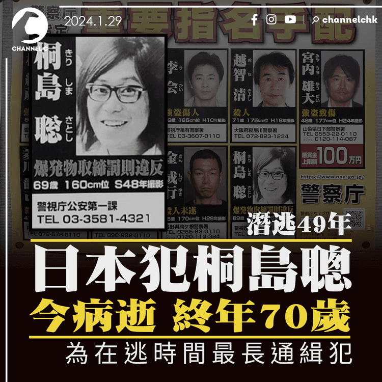 潛逃49年｜日本犯桐島聰今病逝　終年70歲　為在逃時間最長通緝犯