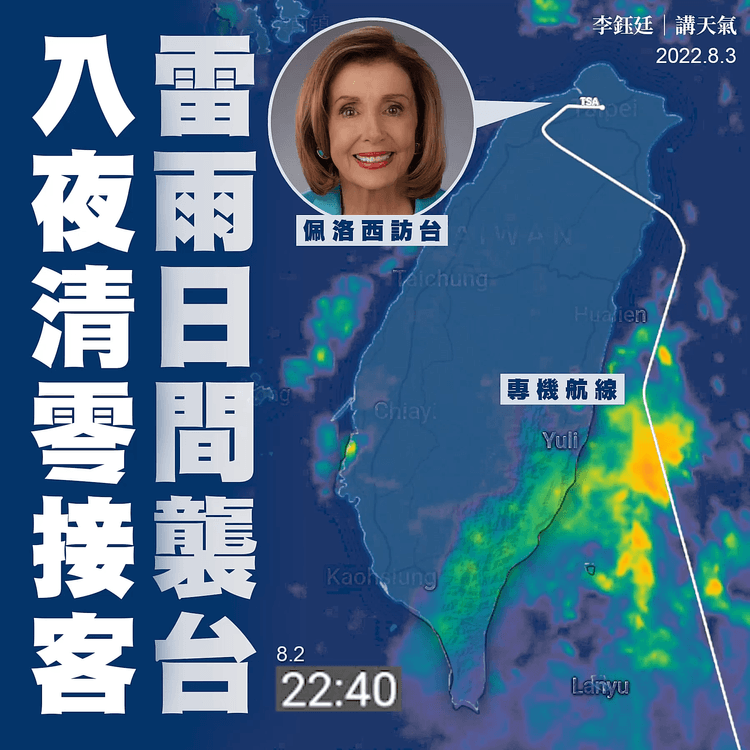 佩洛西訪台｜雷達直擊專機降落時 恰巧避開下擊暴流｜雷雨日間襲台 入夜清零接客｜天氣師李鈺廷