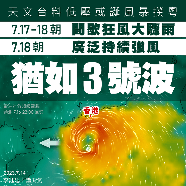 天文台暫料7.18朝廣泛持續強風 猶如3號波 連日有時狂風大驟雨！低壓或誕風暴撲粵西海南｜天氣師李鈺廷