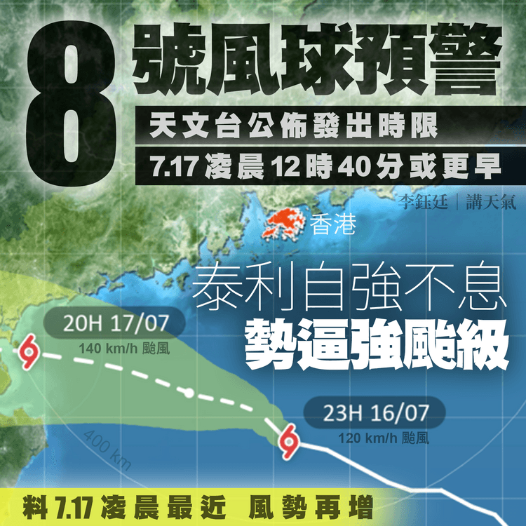 泰利風球｜天文台午夜12時40分或更早8號波！7.16晚升級颱風 料續增強｜天氣師李鈺廷