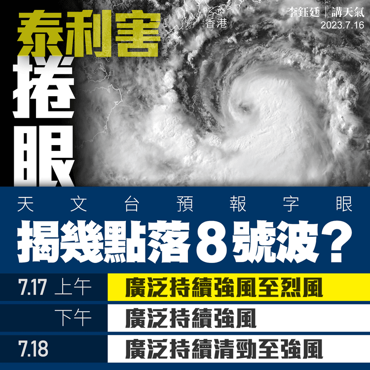 泰利風球｜天文台已暗示幾點落8號波？料7.17下午僅強風 科學主任IG：掛足全日機會低｜天氣師李鈺廷