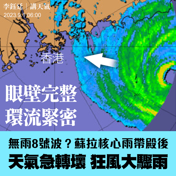 超強颱風蘇拉｜無雨8號波？雷達揭靚眼兼環流緊緻！核心雨帶9.1稍後殺到 天氣急轉壞｜天氣師李鈺廷