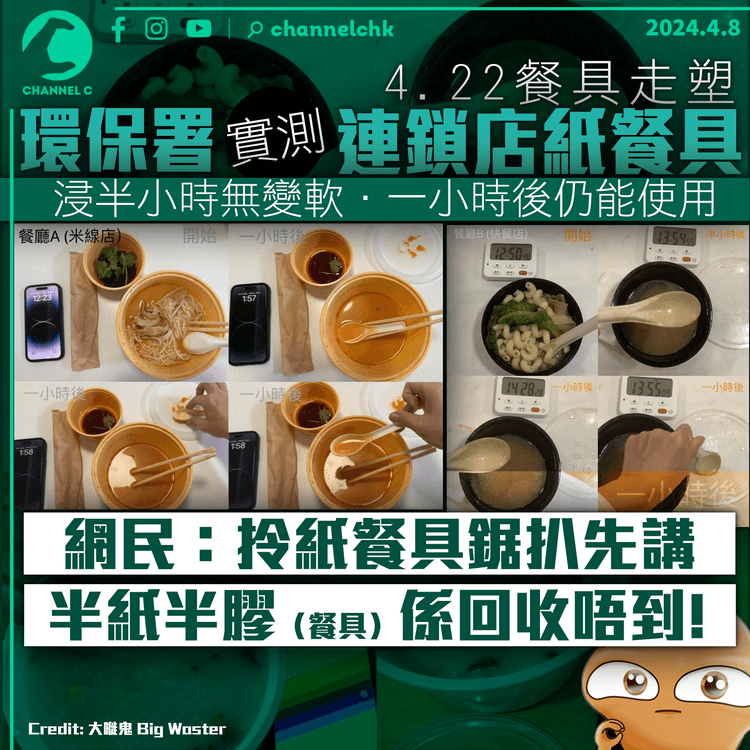 4.22禁膠餐具｜環保署實測連鎖店紙餐具　浸半小時無變軟　網民：拎紙餐具鋸扒先講