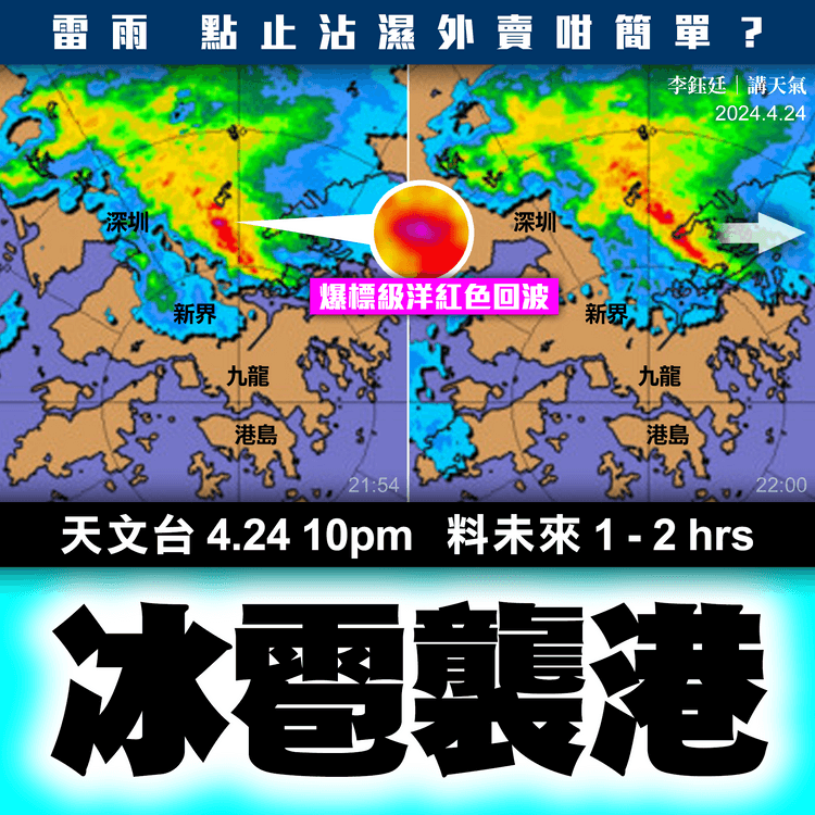 雷達揭爆標級洋紅色雷雨回波 擦過新界北！天文台4.24 10pm料未來1-2hrs或落冰雹｜天氣師李鈺廷