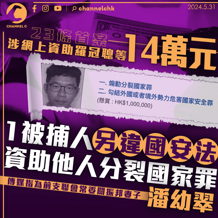 23條首案｜涉網上資助羅冠聰等14萬元　1被捕人另違國安法「資助他人分裂國家」罪　傳媒指為潘幼翠