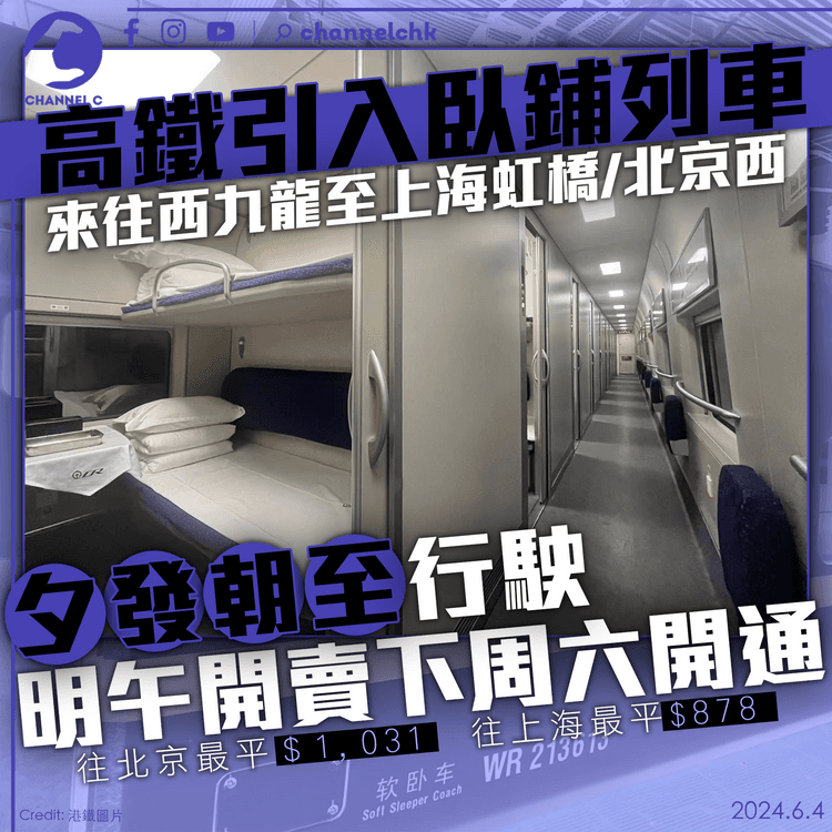 高鐵臥鋪列車來往西九至上海北京　夕發朝至行駛　明午開賣下周六開通