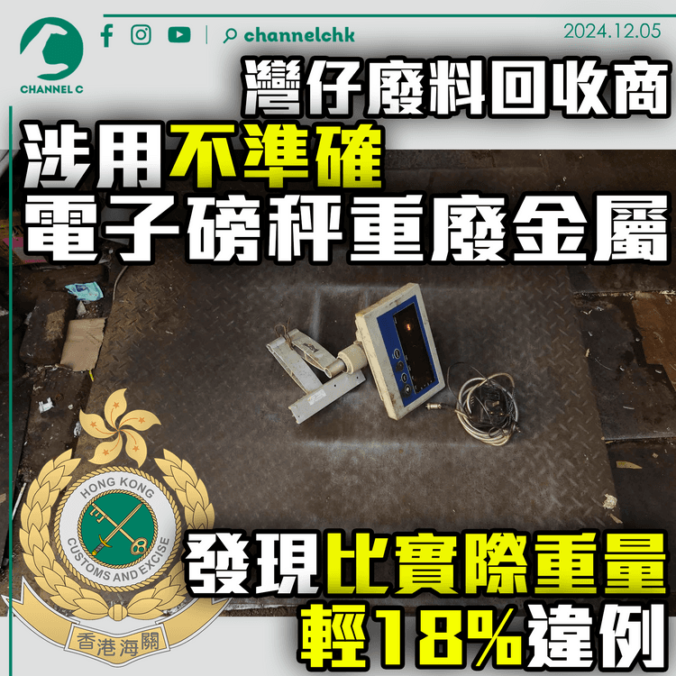 灣仔廢料回收商涉用不準確電子磅秤重廢金屬　發現比實際重量輕18%違例