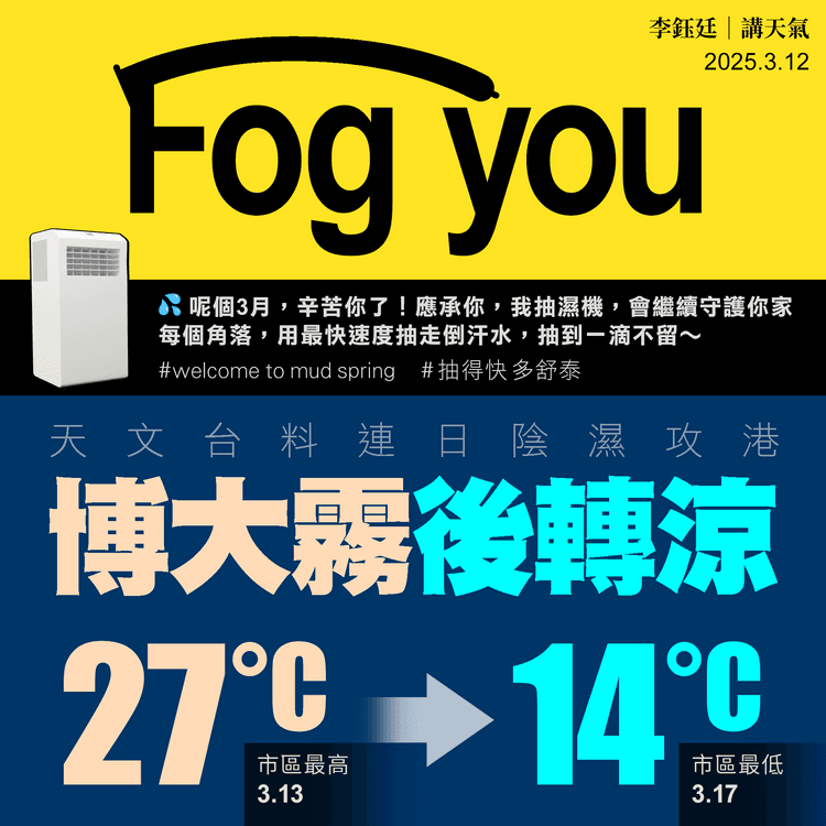 天文台料連日陰濕攻港Fog you！市區3.13熱到27°C博大霧 4日後轉涼至14°C｜天氣師李鈺廷