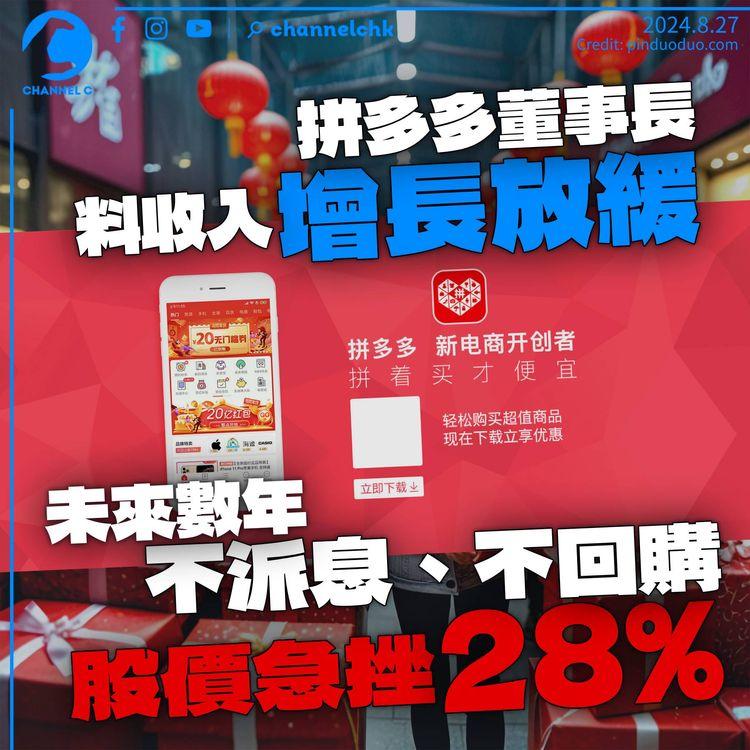 拼多多董事長陳磊料收入增長放緩　未來數年不派息不回購　股價暴跌28%