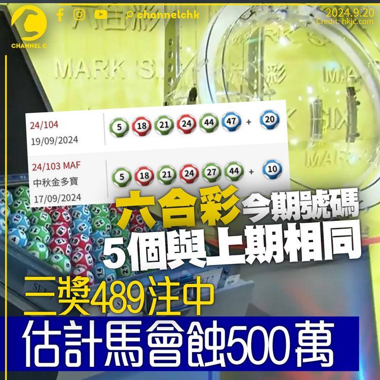六合彩開出號碼5個與上期相同　三獎近500注中僅獲下限派彩　估計馬會需倒貼500萬