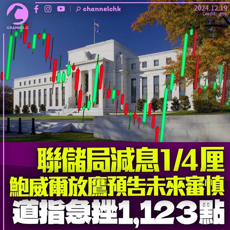 聯儲局減息1/4厘　鮑威爾「放鷹」預告減息趨審慎　道指急挫1,123點