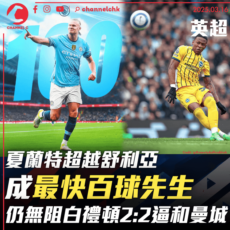 英超｜夏蘭特超越舒利亞成最快百球先生　仍無阻白禮頓2:2逼和曼城