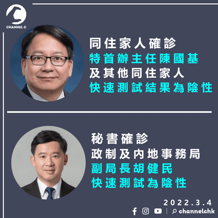 特首辦主任同住家人確診 陳國基快測呈陰性 政制局副局長秘書染疫