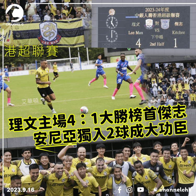 港超聯︱理文主場4：1大勝榜首傑志　安尼亞獨入2球成大功臣