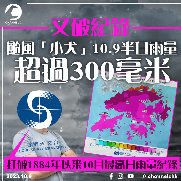 又破紀錄︱颱風「小犬」10.9半日雨量超過300毫米　天文台：打破1884年以來10月最高日雨量紀錄
