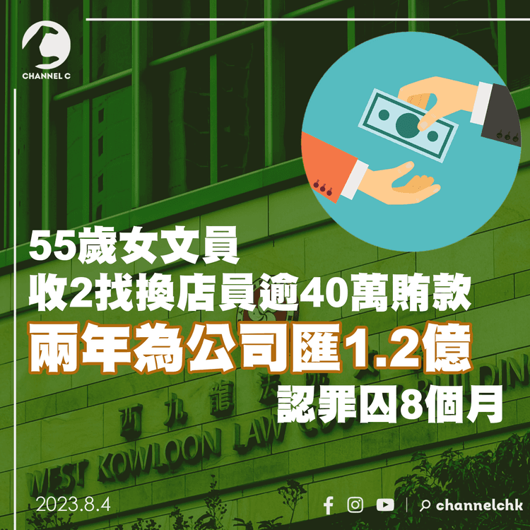 55歲女文員收2找換店員逾40萬賄款　兩年為公司匯1.2億　認罪囚8個月