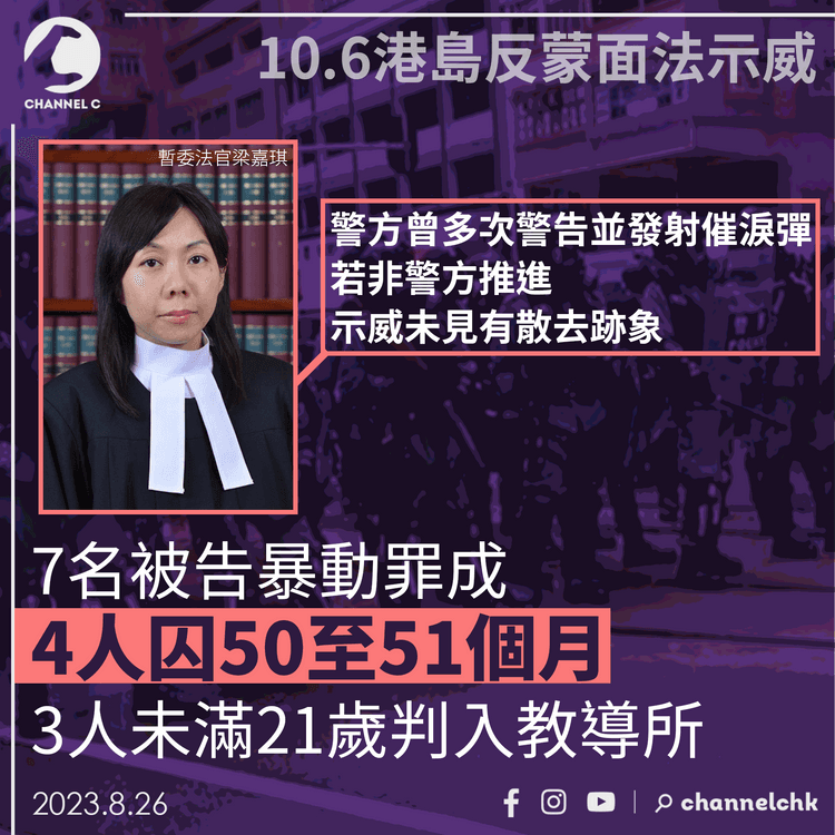 10.6港島反蒙面法示威7名被告暴動罪成　4人囚50至51個月　3人未滿21歲判入教導所