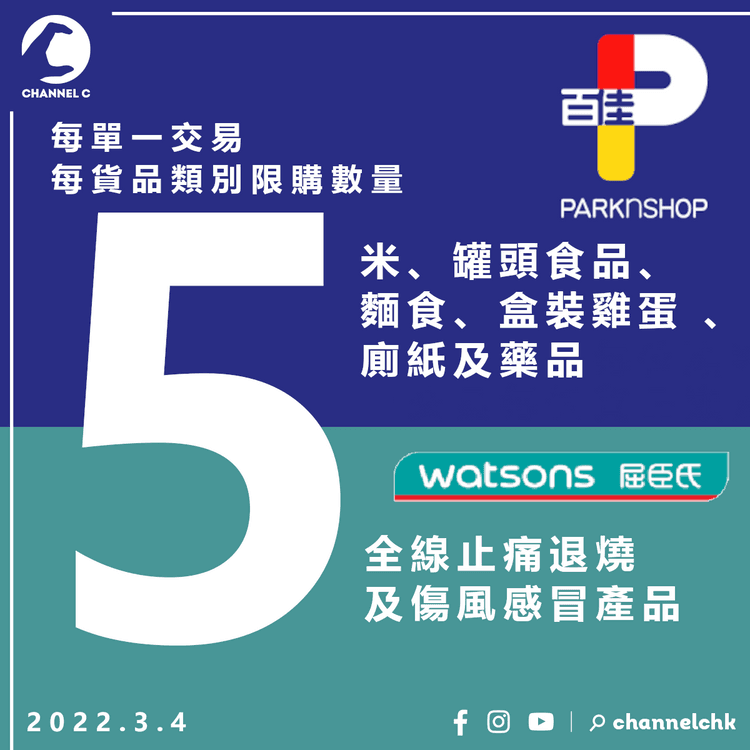 百佳屈臣氏限購4類糧食、廁紙、退燒藥 顧客每次限買5件