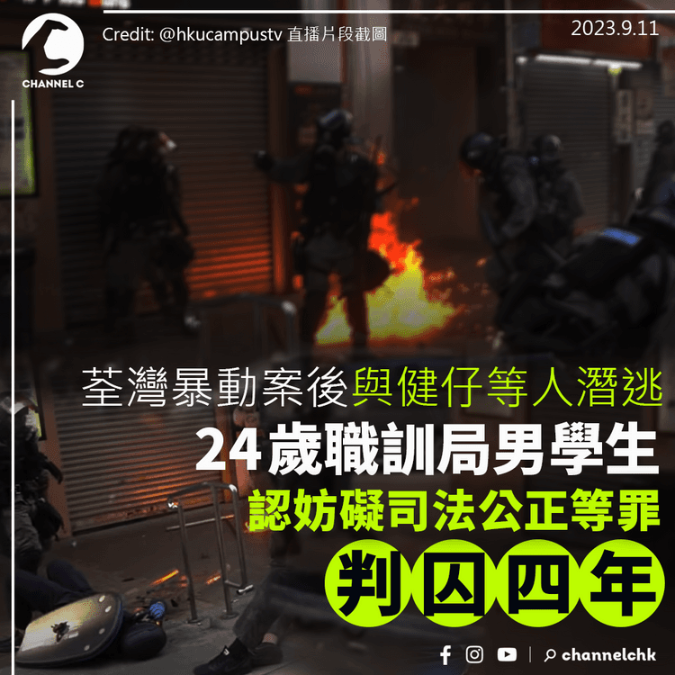 荃灣暴動案後與健仔等人潛逃　24歲職訓局男學生認妨礙司法公正等罪　判囚4年
