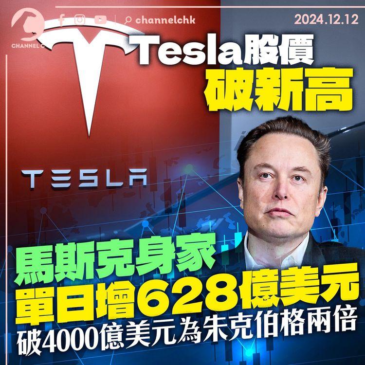 Tesla股價破新高　馬斯克身家單日增628億美元　破4,000億美元為朱克伯格兩倍