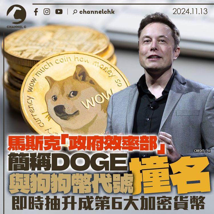 馬斯克「政府效率部」簡稱DOGE與狗狗幣代號撞名　即時抽升成第6大加密貨幣