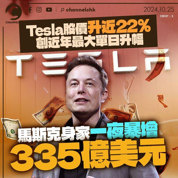Tesla股價升近22%創近年最大單日升幅　馬斯克身家一夜暴增335億美元