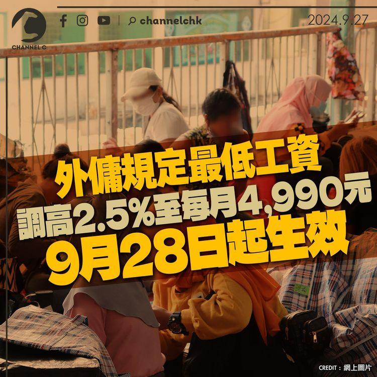 外傭規定最低工資調高2.5%至每月4,990元　9月28日起生效