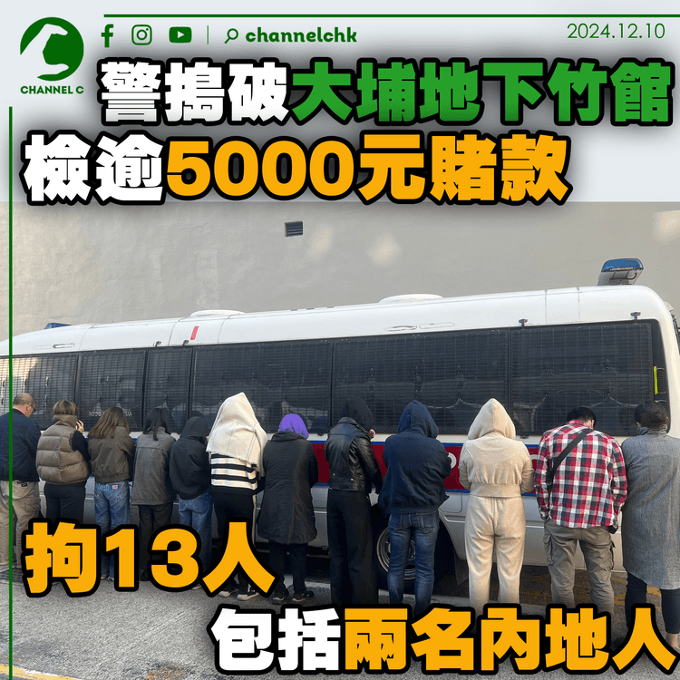 警搗破大埔地下竹館檢逾5000元賭款 拘13人 包括兩名內地人