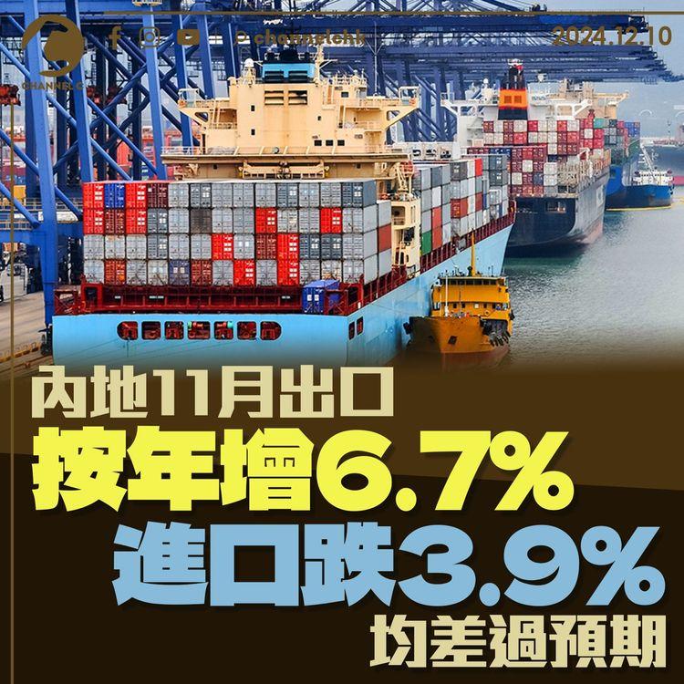 內地11月出口按年增6.7% 進口跌3.9% 均差過預期