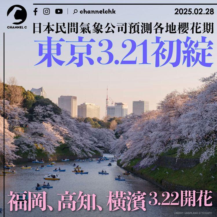 日本民間氣象公司預測各地櫻花期　東京3.21初綻　福岡、高知、橫濱3.22開花