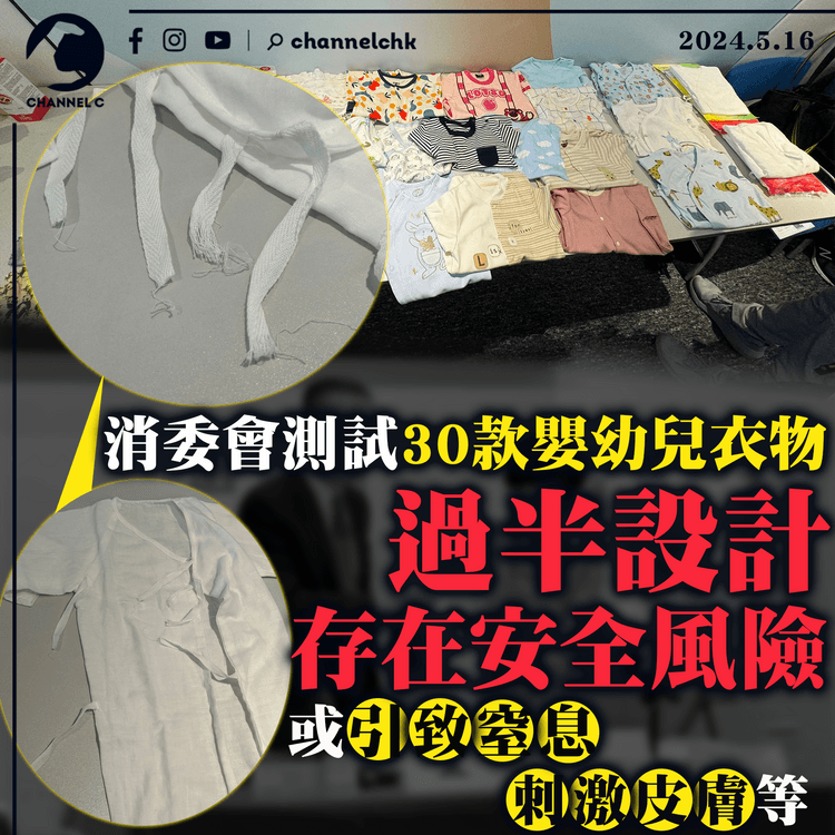 消委會測試30款嬰幼兒衣物　過半設計存在安全風險　或引致窒息、刺激皮膚等