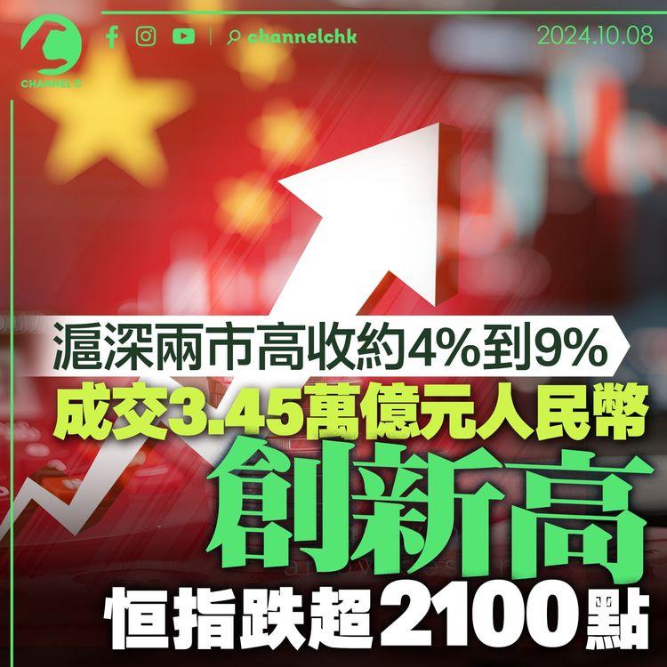 滬深兩市高收約4%到9%　成交3.45萬億元人民幣創新高　恒指跌超2,100點