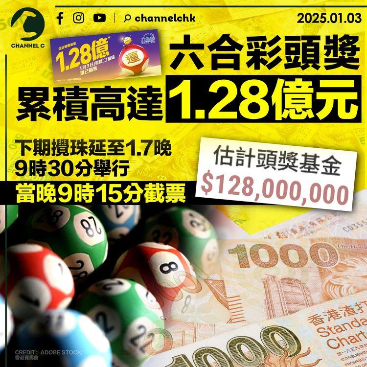 六合彩頭獎累積高達1.28億元　下期攪珠延至1.7晚9時30分舉行　當晚9時15分截票