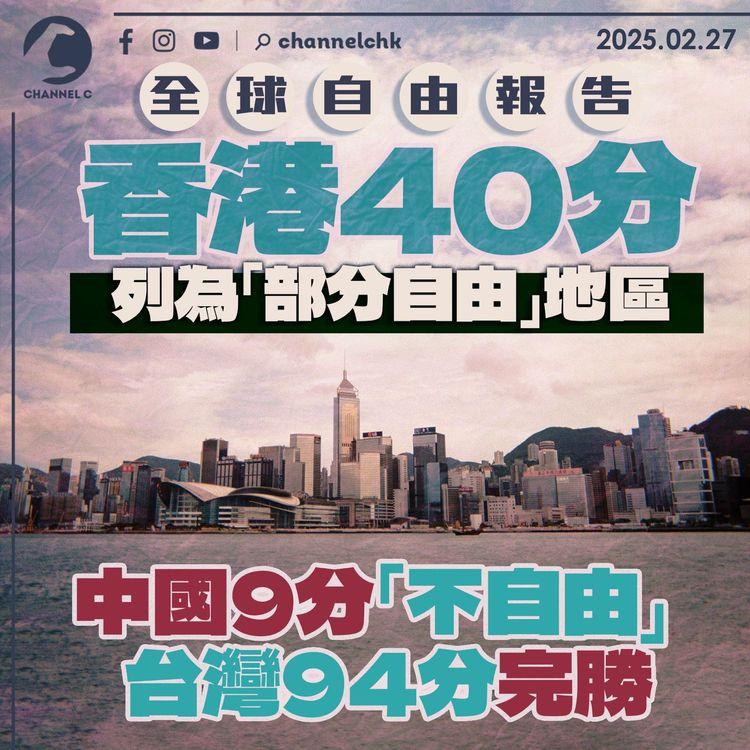 全球自由報告｜香港40分列為「部分自由」地區　中國9分「不自由」　台灣94分完勝