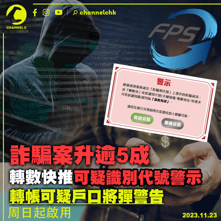 詐騙案升逾5成　轉數快推可疑識別代號警示　轉帳可疑戶口將彈警示 　 周日起啟用