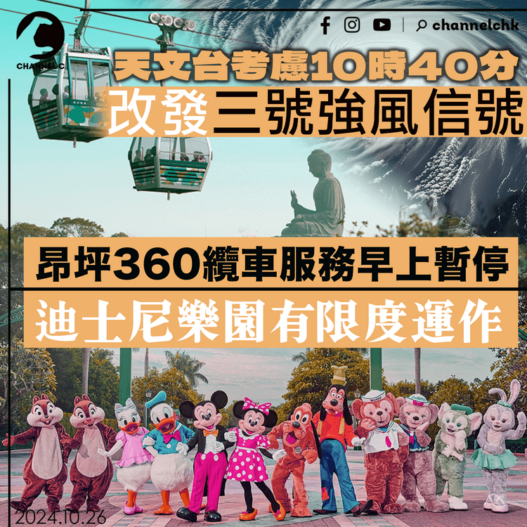 天文台考慮10時40分改發三號強風信號 昂坪360纜車服務早上暫停 迪士尼樂園有限度運作