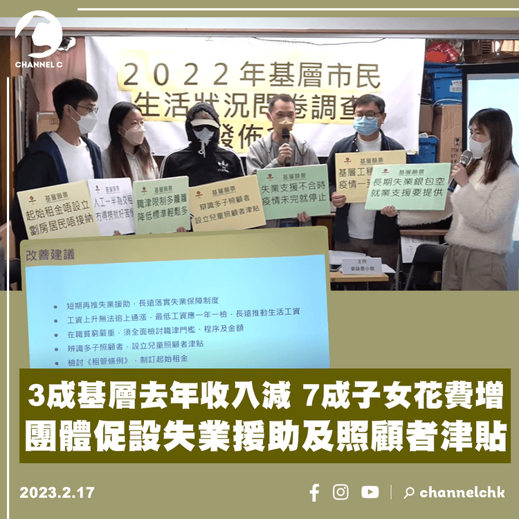 3成基層去年收入減 7成子女花費增 團體促設失業援助及照顧者津貼