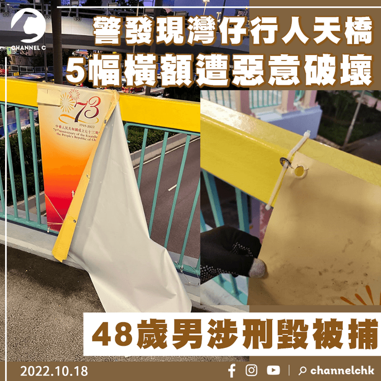 警發現灣仔天橋5幅橫額遭惡意破壞 事隔5日拘48歲男涉刑毀