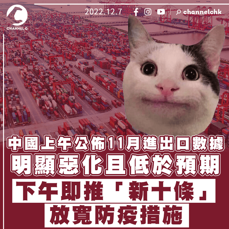 中國公佈上月進出口數據明顯惡化且低於預期後 今午即推「新十條」放寬防疫措施