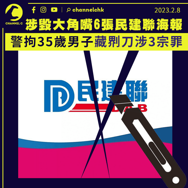 大角嘴道6張民建聯海報被毁 警一周後拘35歲男子身藏𠝹刀涉3宗罪