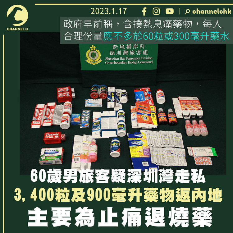 60歲男旅客疑走私止痛退燒藥返內地被捕 海關檢3,400粒藥及900毫升藥水