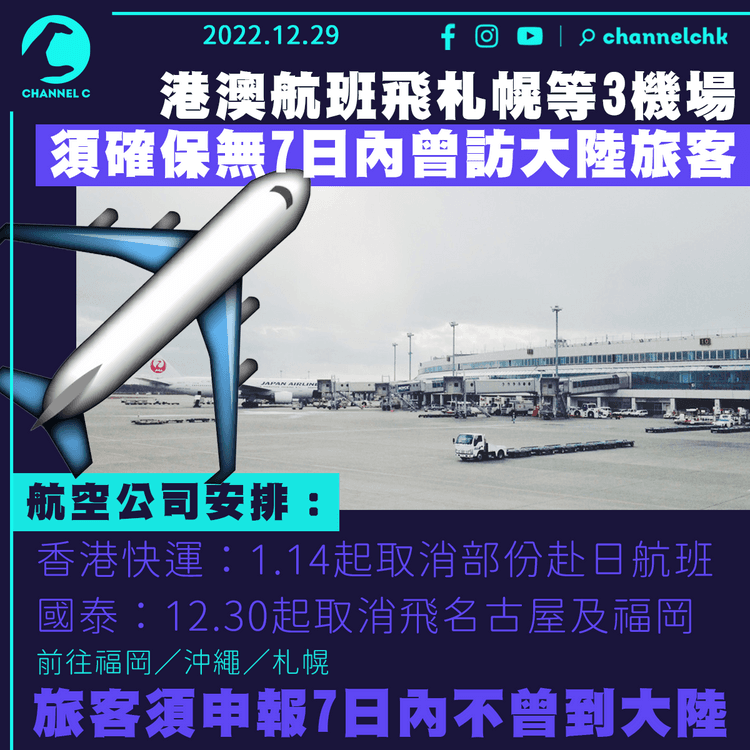 日本准港澳航班帶條件飛札幌等3機場 須7日內無曾訪大陸旅客 即睇航空公司最新安排