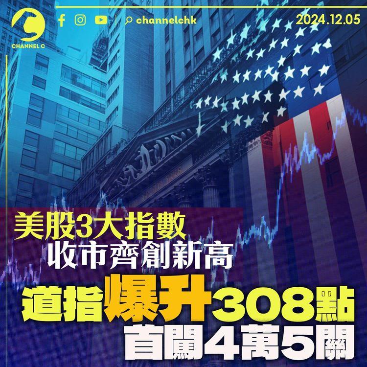 美股3大指數收市齊創新高　道指爆升308點　首闖4萬5關