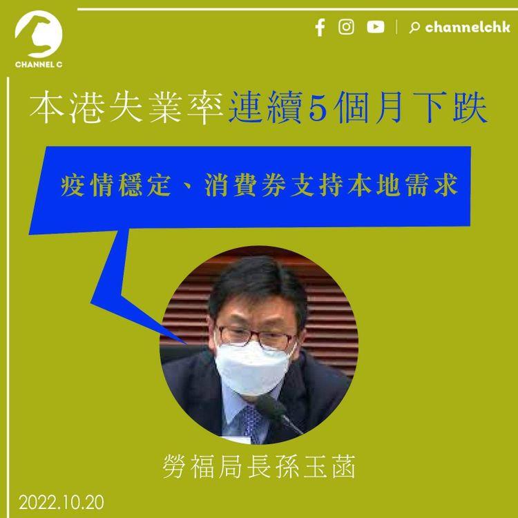 本港失業率連續5個月下跌 勞福局長：疫情穩定、消費券支持本地需求