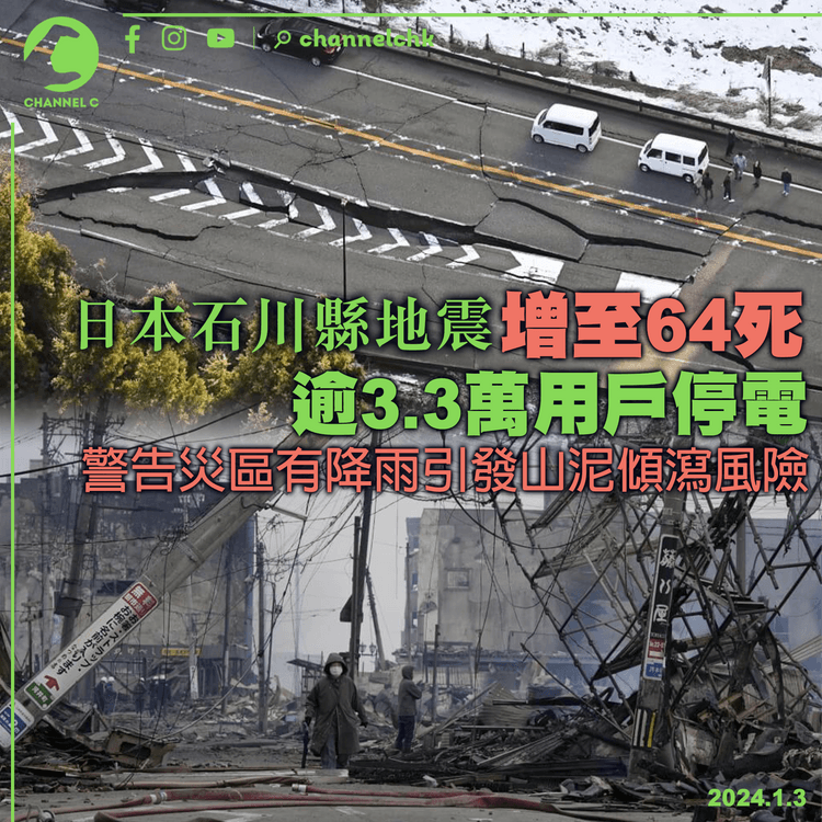 日本能登半島地震︱增至64死逾3.3萬用戶停電　警告災區有降雨引發山泥傾瀉風險