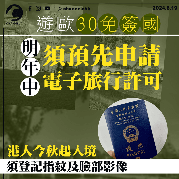 遊歐30免簽國　明年中須預先申請電子旅行許可　港人今秋起入境須登記指紋及臉部影像